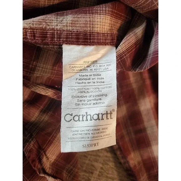 Vtg Carhartt Long Sleeve Maroon Tan Plaid Button Down 100% Cotton Men's Sz M - Picture 6 of 9